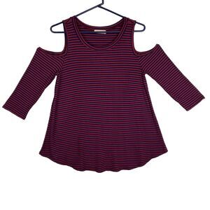 Women’s Magenta Navy Striped Cold Shoulder Top Long Sleeve Size M